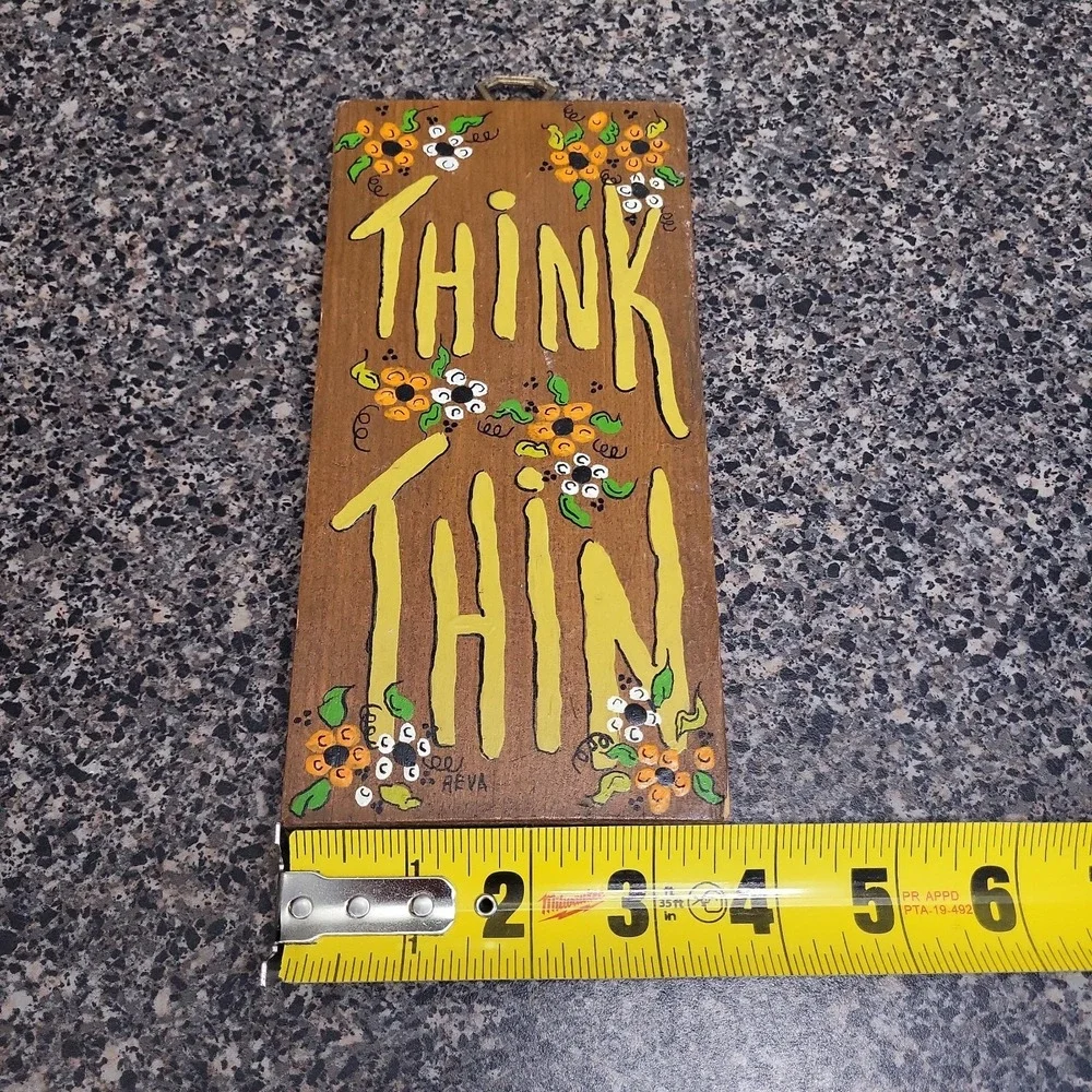 VTG Hand Painted Wood Wall Plaque THINK THIN‎ Signed REVA Folk Decor Cottagecore